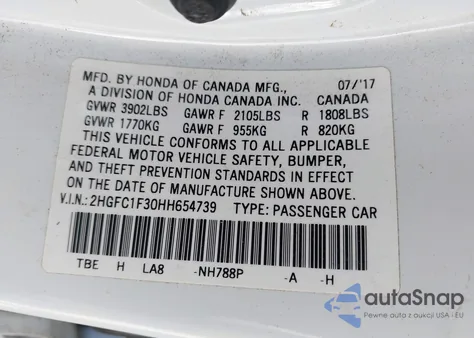 2017 Honda Civic Ex-T from USA, damaged, VIN 2HGFC1F30HH654739